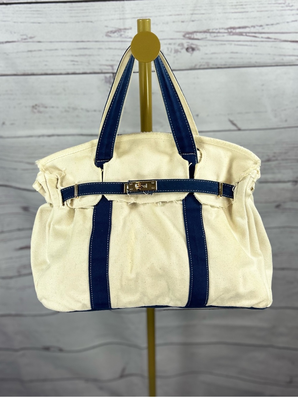 Designer Inspired Ivory & Navy Canvas Satchel Tote Bag Gold Hardware